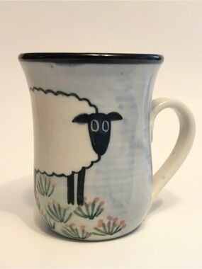 Karen Donleavy KD Signed Sheep Mug | White Coffee Cup | Studio Art Pottery 4.5”T